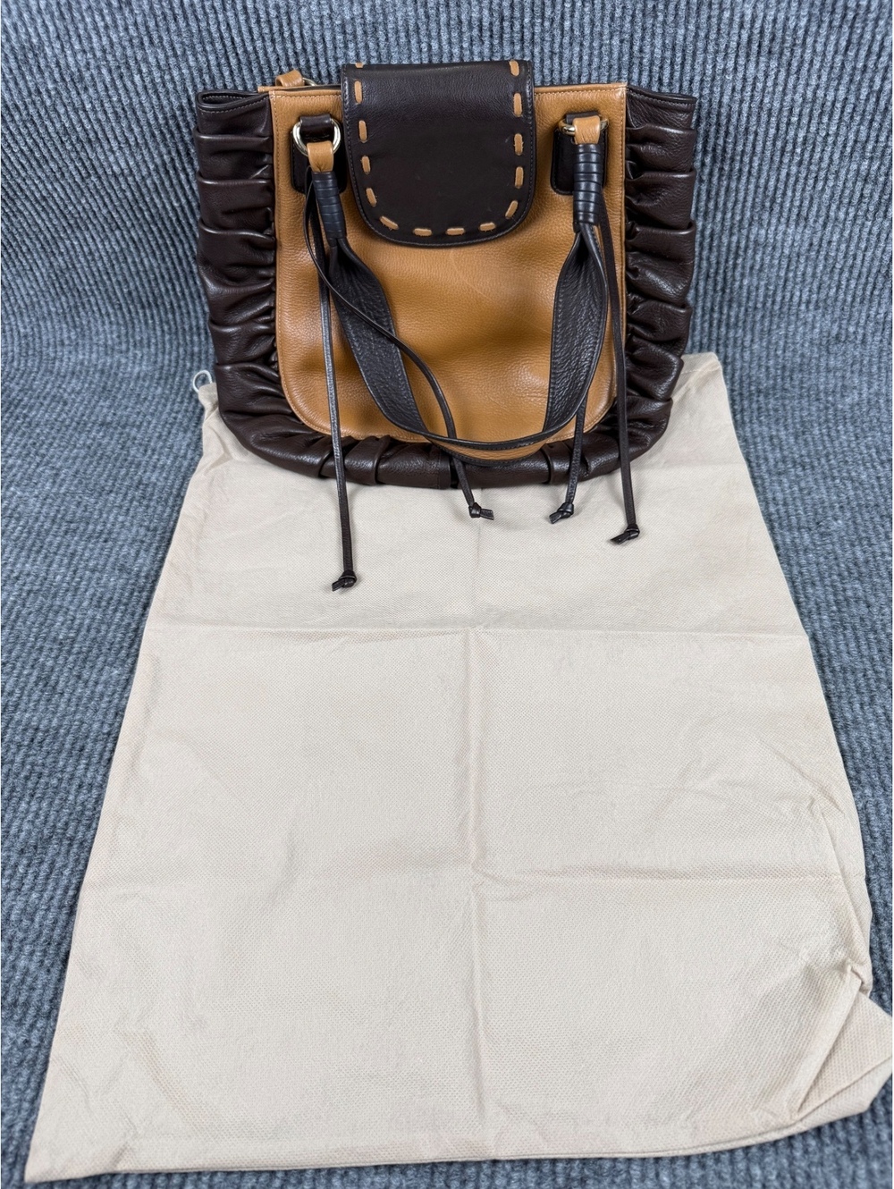 Zina Eva Brown Tan Pebbled Leather Tote Shoulder Bag Suede Lined Dust Bag